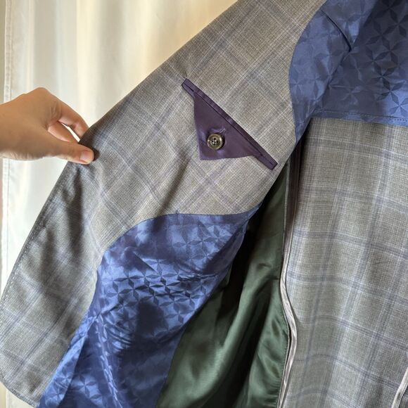 Ted Baker Wool Blazer Men's 44 Grey Plaid 2 Button Front Inside Pockets - Picture 6 of 10